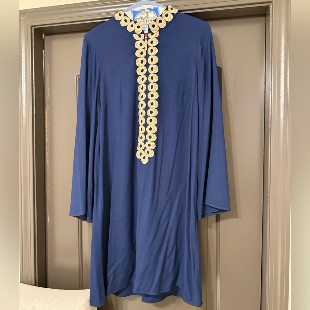 Lilly Pulitzer navy long sleeve crepe mini dress with gold trim and front zip